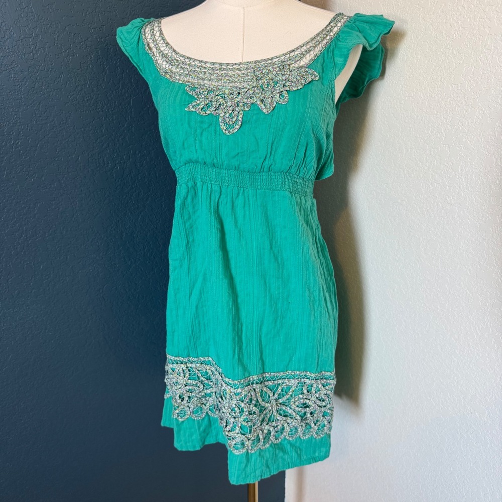 Boho Fairycore Lulumari Crochet Applique Mini Dress Teal Green Large